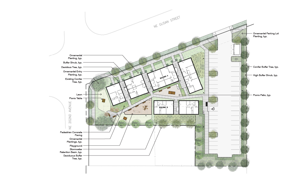 An Aerial Rendering of Douglas Grove Apartments Depicts A Triangular Site With Buildings, An Enclosed Courtyard, And A Parking Lot.