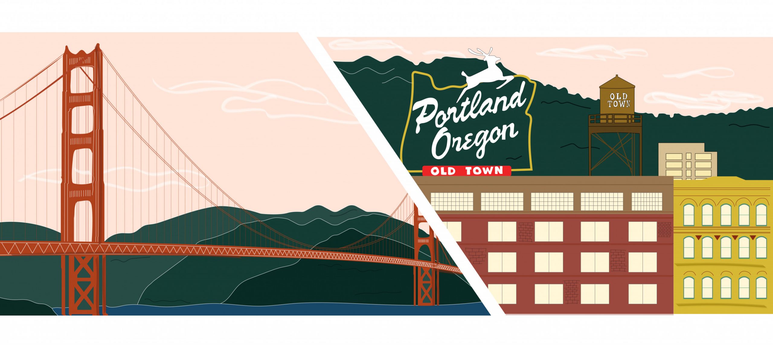 Pink Graphic Of The Portland And San Francisco Skyline