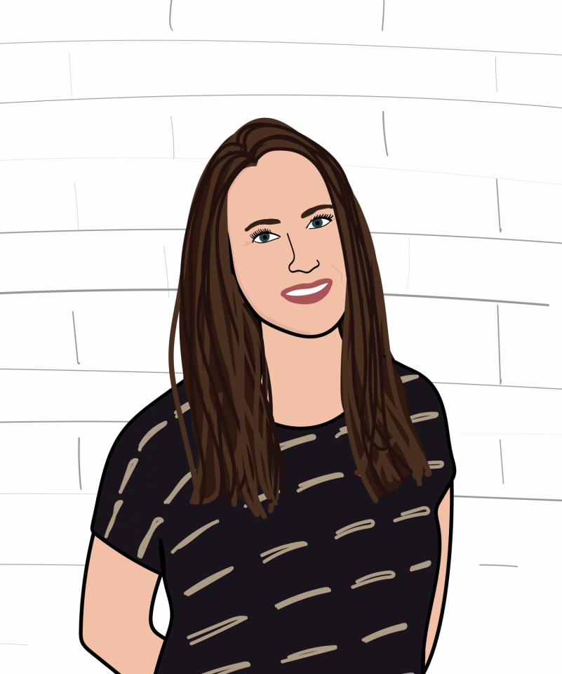 A Graphic Depiction Of Marketing Director, Kate Kearney, Who Wears A Patterned Tee And Has Long Brown Hair.