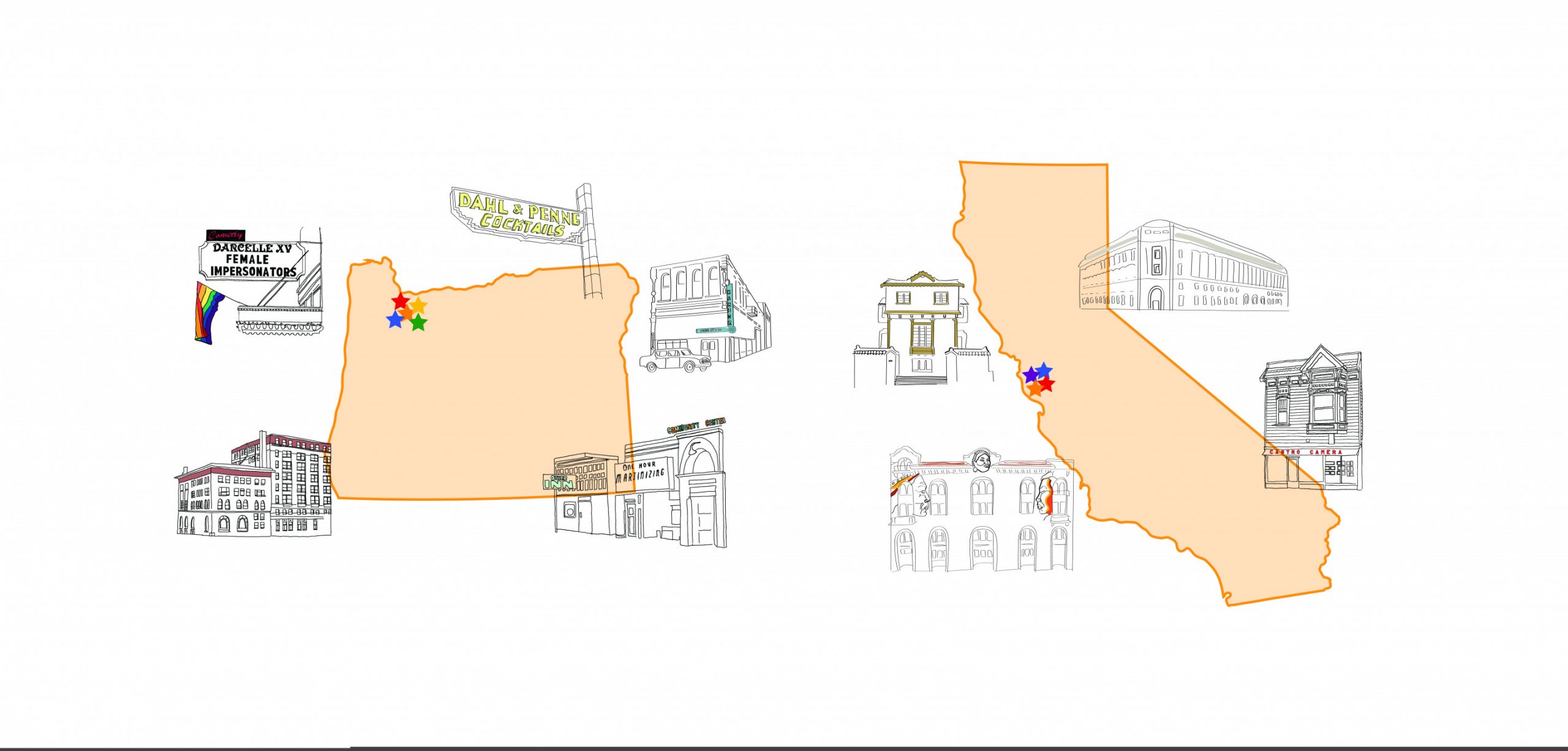 Map Of Oregon And California With Illustrations Of Buildings