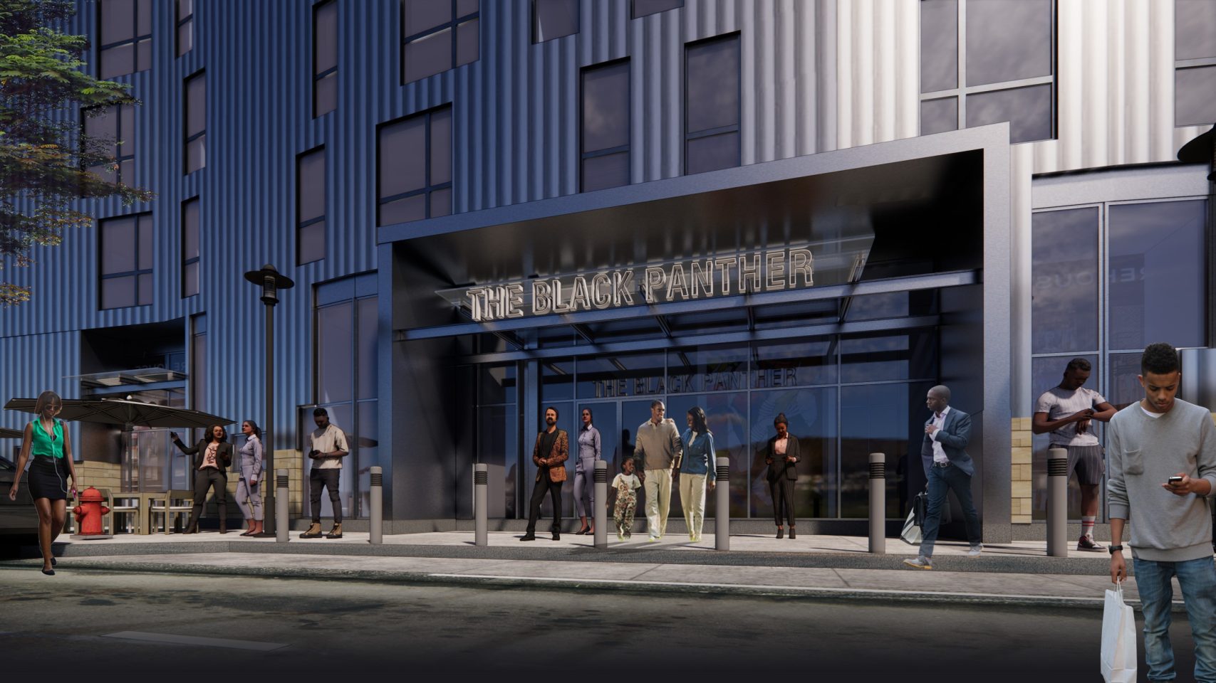 A rendering of the entrance of the Black Panther with 10 to 15 people of color interacting outside.