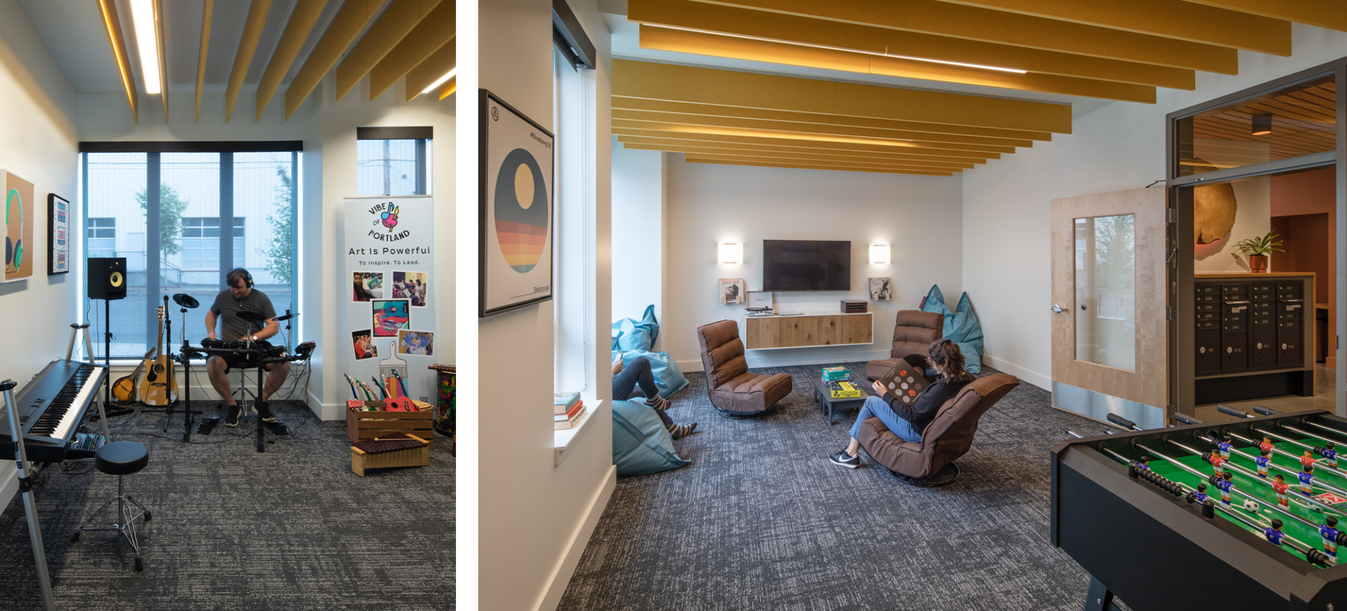 Two side by side photos. The left photo is of someone playing drums in a music room. The photo on the right has two people sitting in bean bag chairs reading.