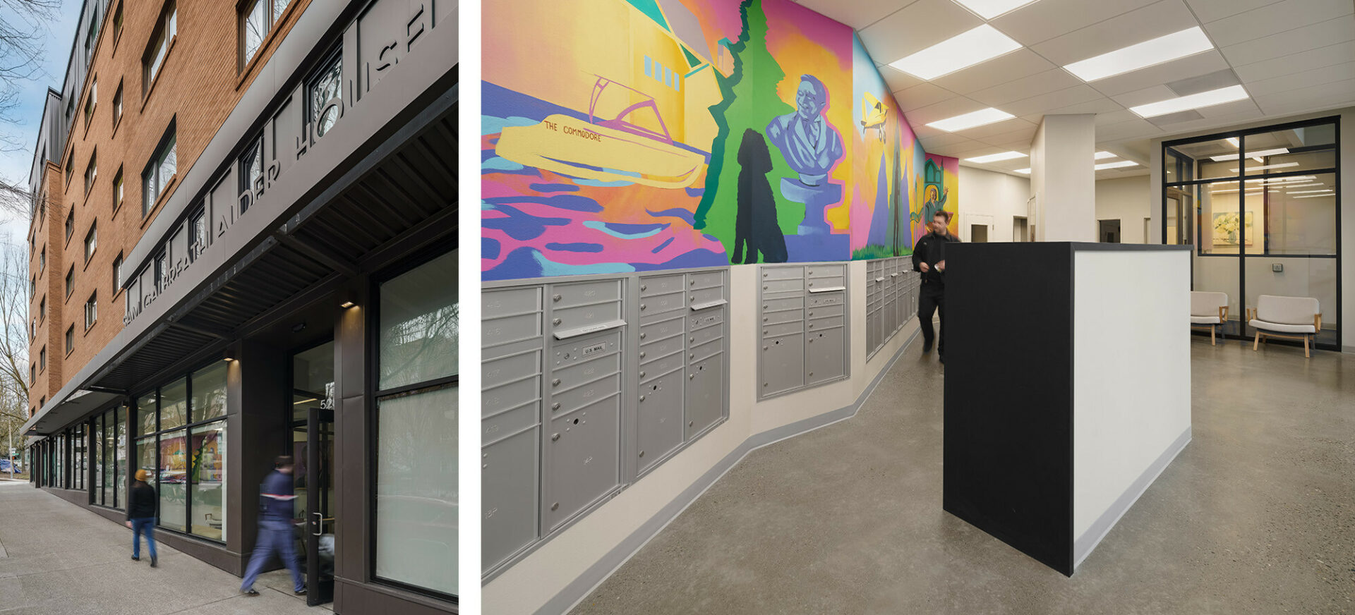 Two images side by side. The left shows the exterior entrance of a building with floor to ceiling windows on the first story. The other photo shows the interior entrance into a large mail room with murals covering the walls.