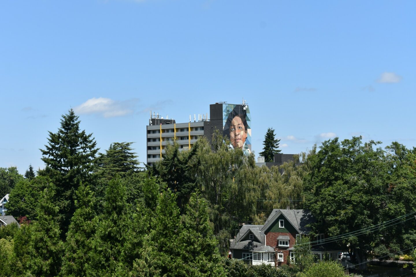 Mural of a woman seen above the tree line at Schrunk Riverview Tower